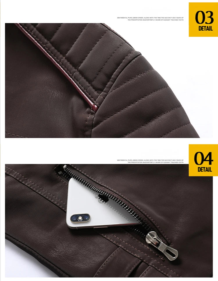 Winter Leather Jacket Fleece Warm Causal Motorcycle Embroidery PU Coats