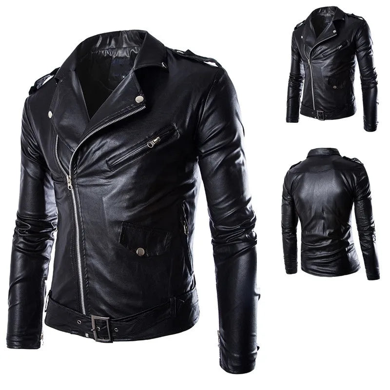 Men's synthetic leather jacket, lapel blazer, diagonal zipper