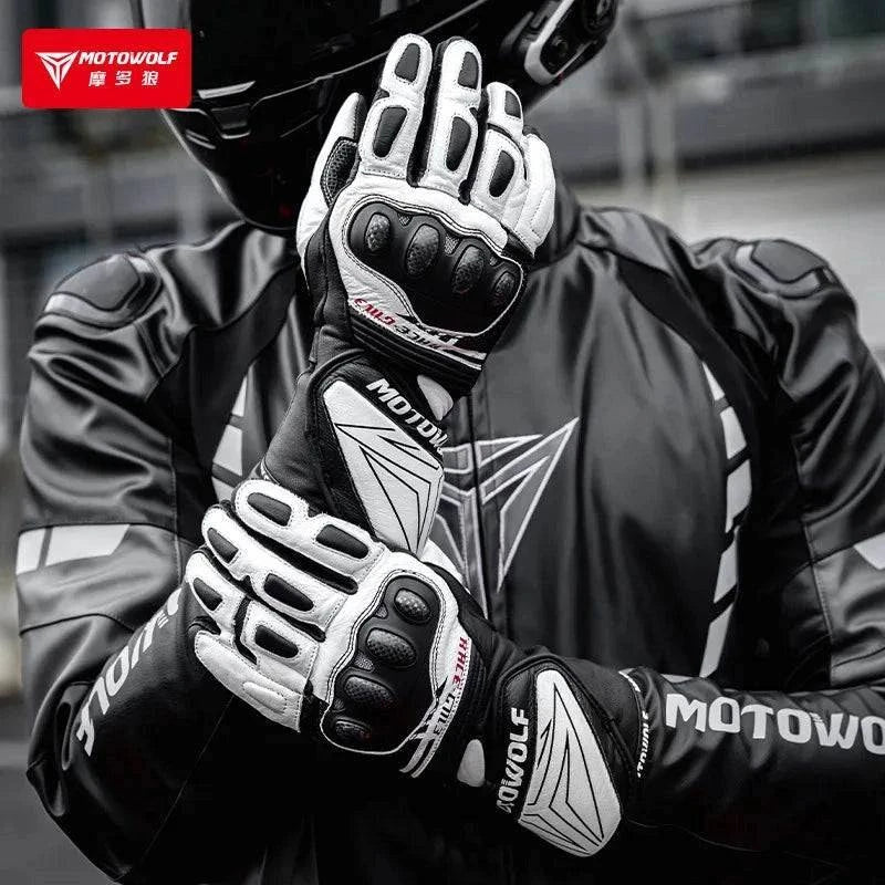 Genuine Leather Motorcycle Windproof Gloves Action Shot - Race Blaze