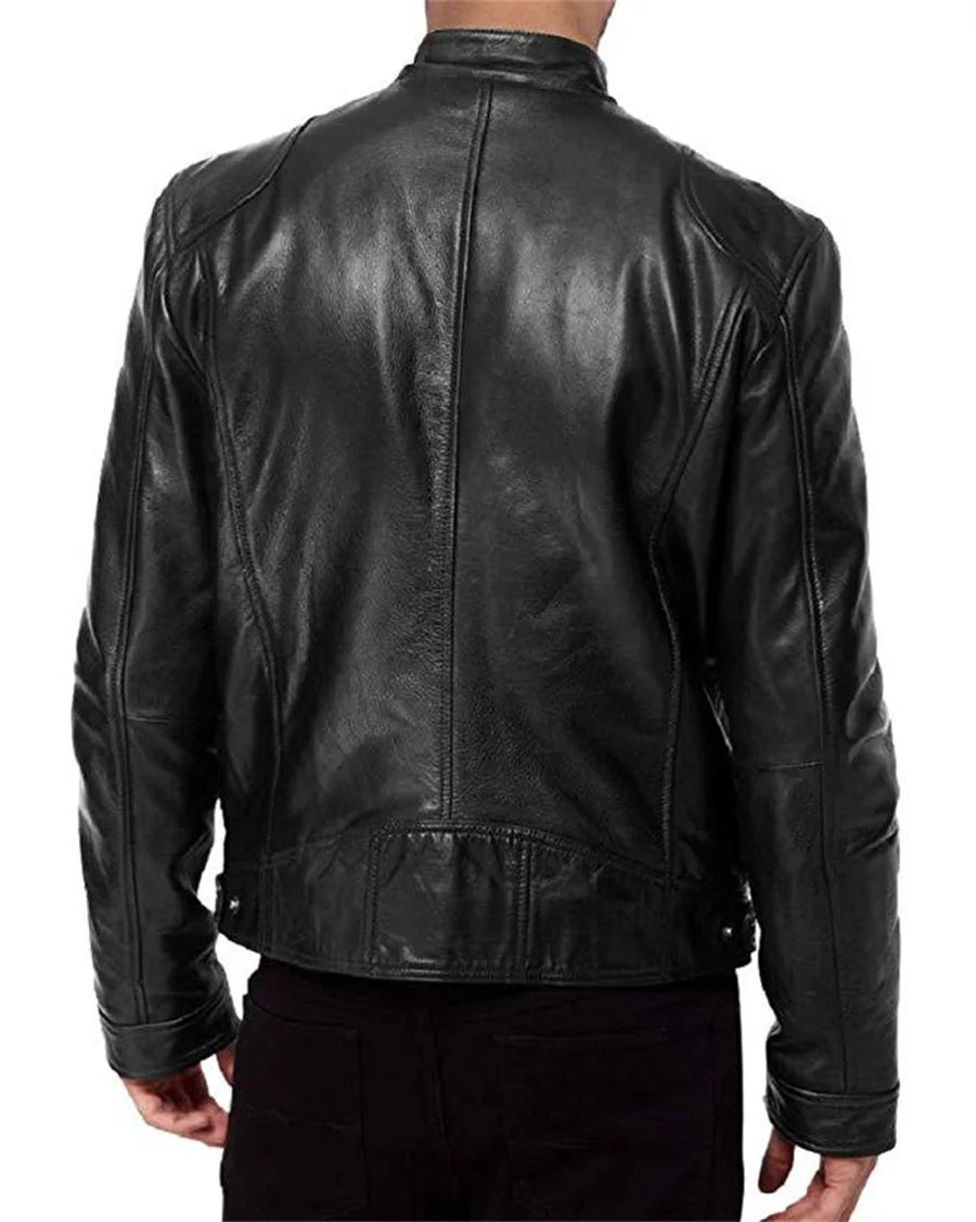 New Leather Motorcycle Jacket Men Slim Fit Stand Collar PU Coats