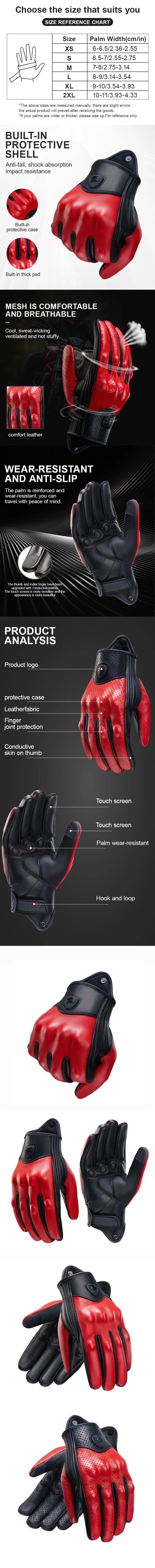 Retro Red Leather Motorcycle Gloves Breathable Racing Gloves