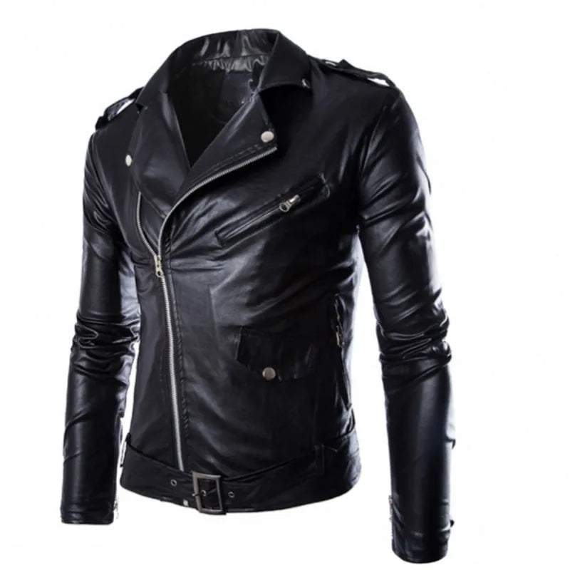 Men's synthetic leather jacket, lapel blazer, diagonal zipper
