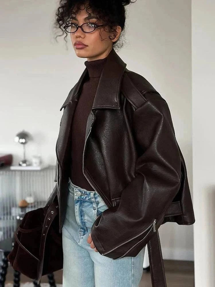 Casual Dark Red Zipper Leather Short Jacket Women Side Dark - Race Blaze