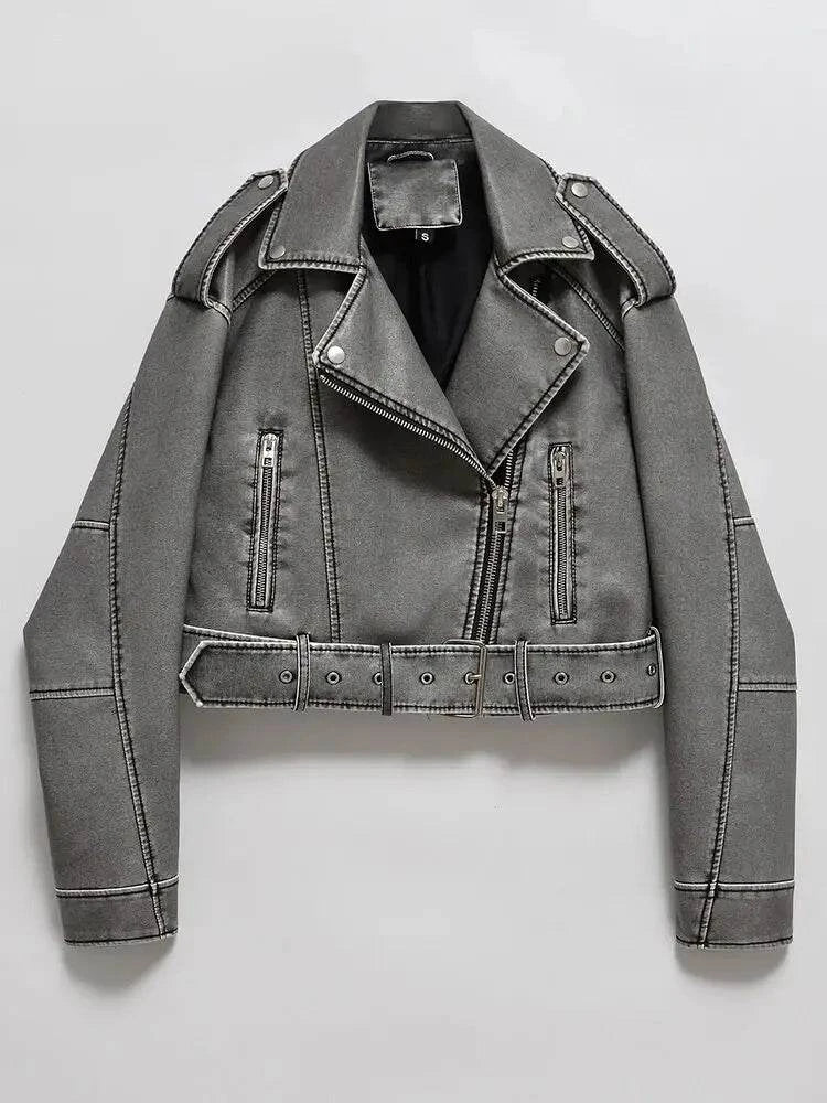 Women Oversized Vintage Loose Faux Leather Short Jacket Black Flat - Race Blaze