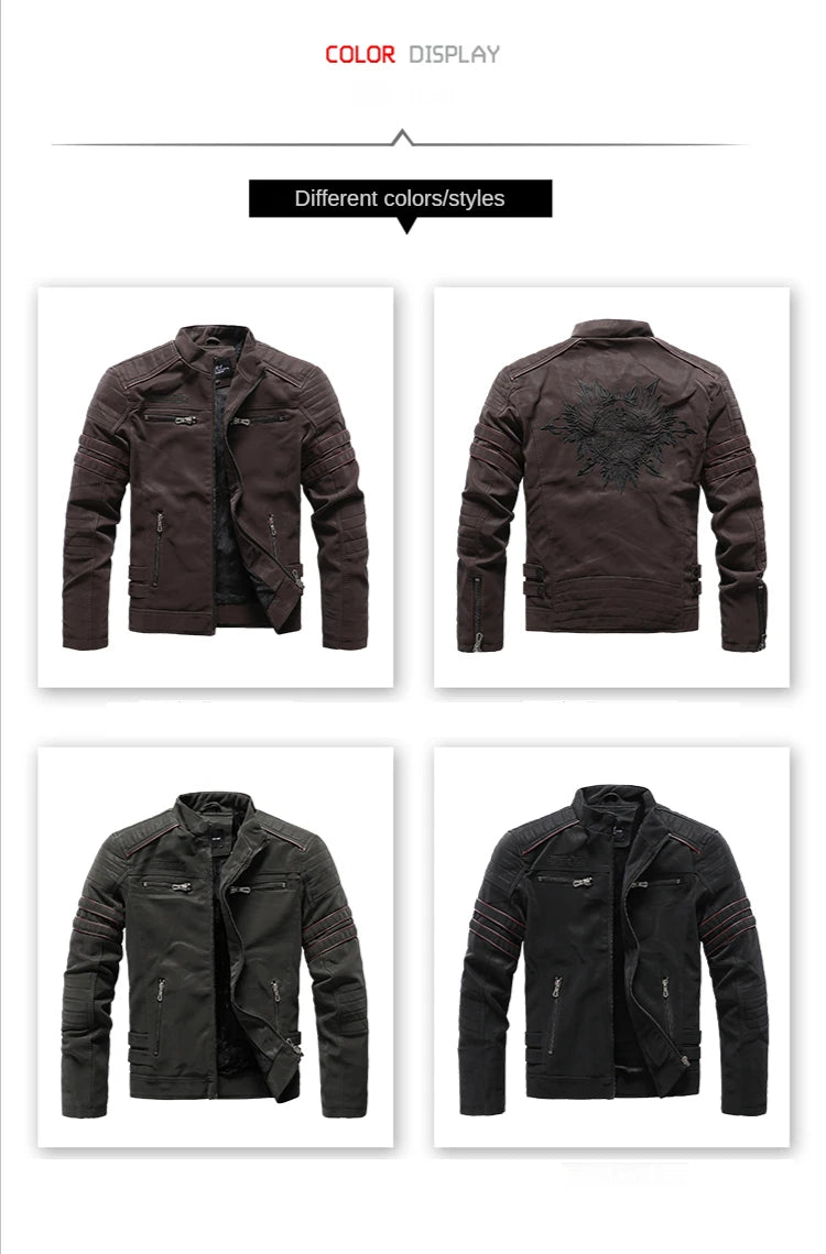 Winter Leather Jacket Fleece Warm Causal Motorcycle Embroidery PU Coats