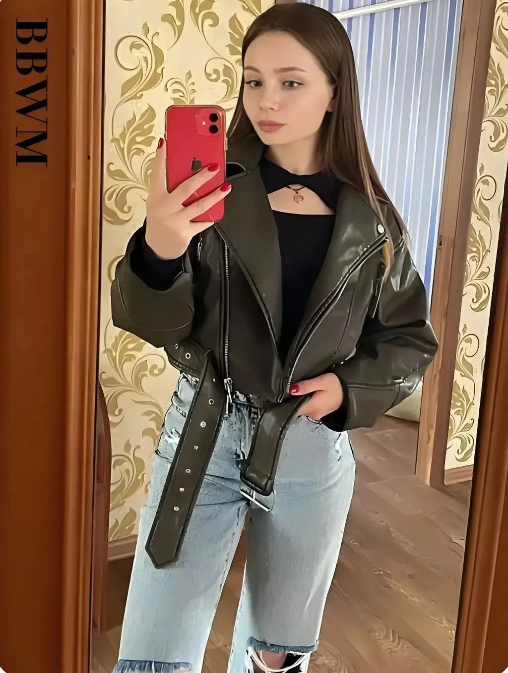 Women Oversized Vintage Loose Faux Leather Short Jacket Dark Hair Model - Race Blaze