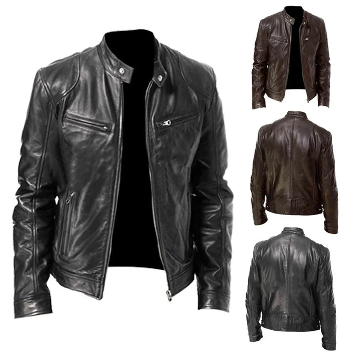 New Leather Motorcycle Jacket Men Slim Fit Stand Collar PU Coats