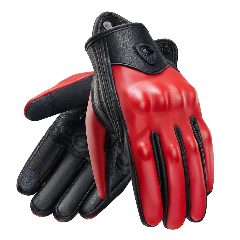 Retro Red Leather Motorcycle Gloves Breathable Racing Gloves