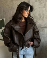 Casual Dark Red Zipper Leather Short Jacket Women  - Race Blaze