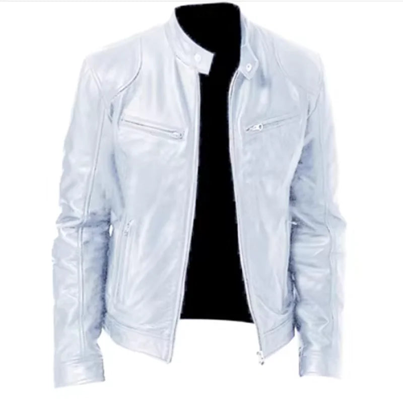 Fashion Mens Leather Jacket Slim Fit Stand Collar PU Jacket Male