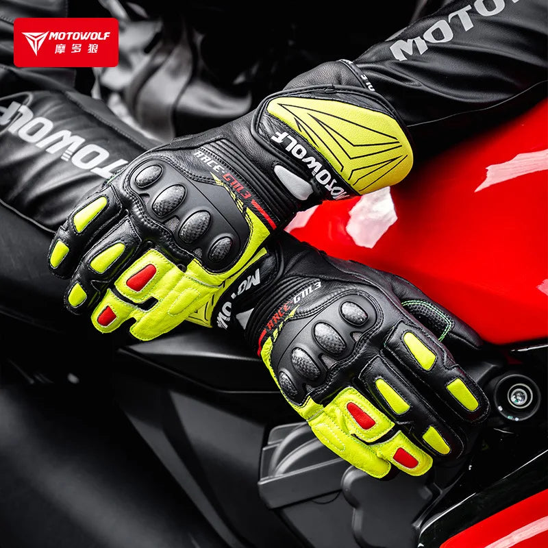Genuine Leather Motorcycle Windproof Gloves Red Accent - Race Blaze