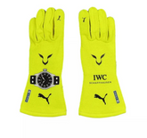 2023 Lewis Hamilton neon yellow Mercedes-AMG Petronas F1 race gloves with Puma and IWC branding