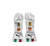 2025 Scuderia Ferrari F1 Team Monza GP white race gloves with Ferrari, Shell, Richard Mille, Puma logos and Italian flag cuff detail