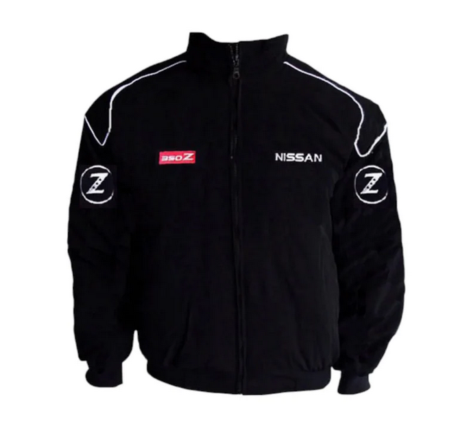 Black Nissan 350Z vintage racing jacket with white piping and embroidered logos on sleeves and chest