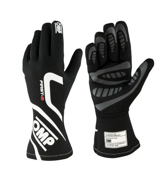 OMP First-S inspired black racing gloves front and back view