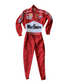 Red and white Michael Schumacher F1 racing suit with Marlboro logo, embroidered sponsor patches, and high-neck collar design