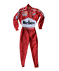Red and white Michael Schumacher F1 racing suit with Marlboro logo, embroidered sponsor patches, and high-neck collar design