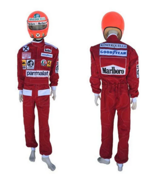 Niki Lauda 1976 Ferrari F1 Racing Suit in bright red with white trim, embroidered sponsor patches, and quilted stitching on front and back.