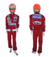 Niki Lauda 1976 Ferrari F1 Racing Suit in bright red with white trim, embroidered sponsor patches, and quilted stitching on front and back.