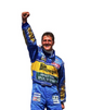 Full-length teal and yellow Michael Schumacher Bitburger racing suit with sponsor logos, quilted stitching, and front zip closure.
