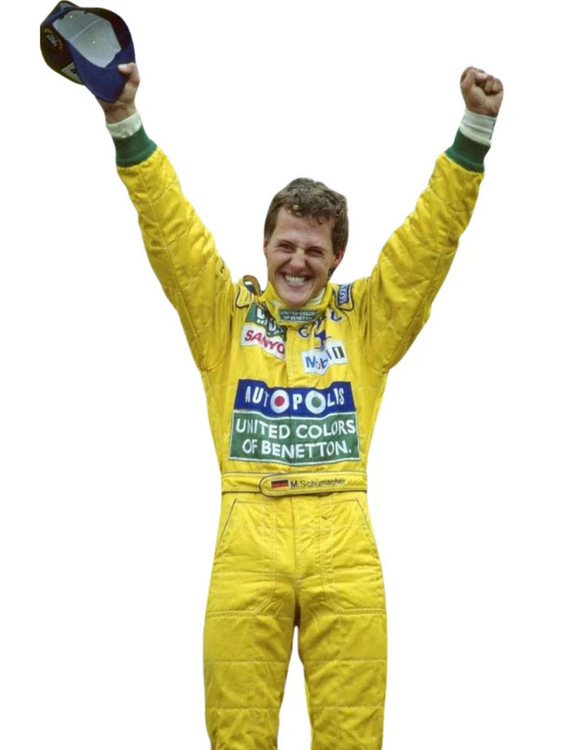 Michael Schumacher 1992 Benetton Ford F1 Racing Suit - Worn Victory Pose
