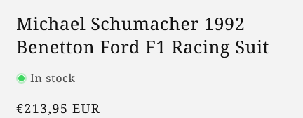 Michael Schumacher 1992 Benetton Ford F1 Racing Suit - Product Listing Card