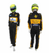 Ayrton Senna 1985 Lotus F1 Racing Suit in black with yellow side panels, JPS and sponsor patches, and quilted stitching throughout.