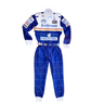 Ayrton Senna 1994 royal blue and white racing suit with Rothmans, Nacional, Renault logos and quilted grid-pattern stitching throughout.