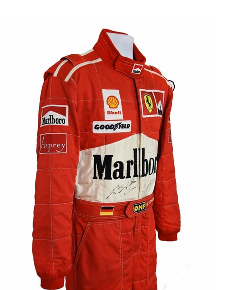 Michael Schumacher 1997 Ferrari Marlboro F1 Racing Suit - Right Side View with M. Schumacher Nameplate