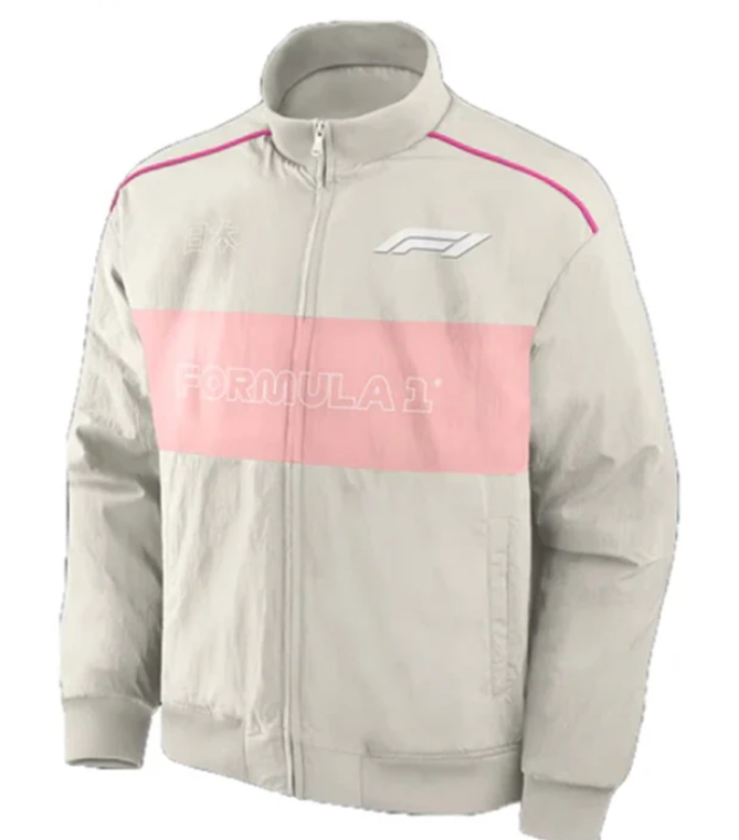 F1-Inspired Japan Street Racer Jacket in cream with a pink center panel, pink shoulder piping, and white racing graphics.