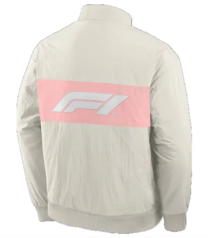 Cream and pink F1-inspired street racer jacket shown from the back