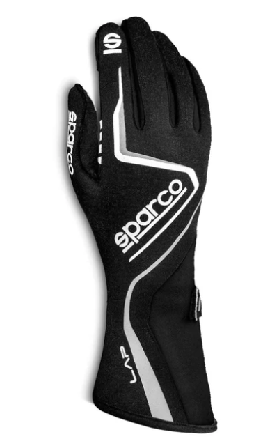 Black Sparco lap race glove showing the back and extended cuff