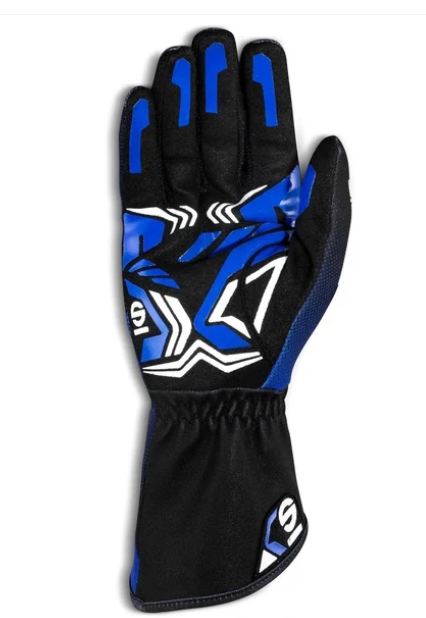 Blue and black Sparco Rush kart glove with white and green graphic detailing