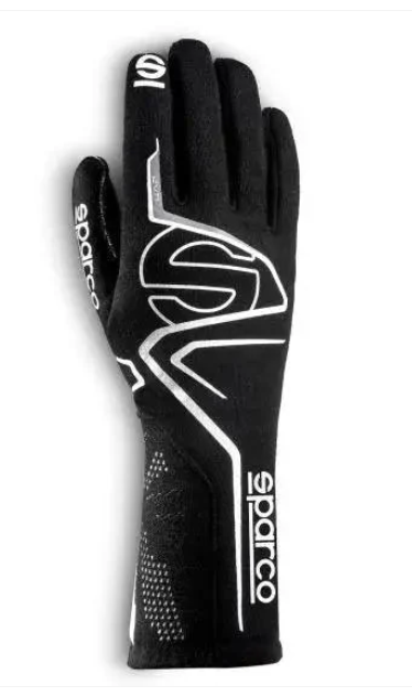 Black Sparco lap race glove showing white graphics and Sparco branding