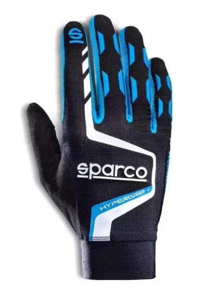 Blue and black Sparco Hypergrip glove showing technical graphics and branding
