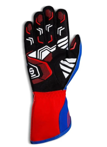 Black Sparco Record kart glove palm with red and white grip graphics