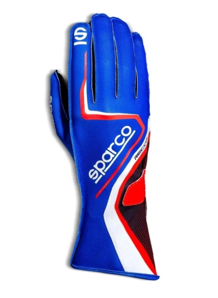 Blue Sparco Record kart glove with red and white graphic detailing