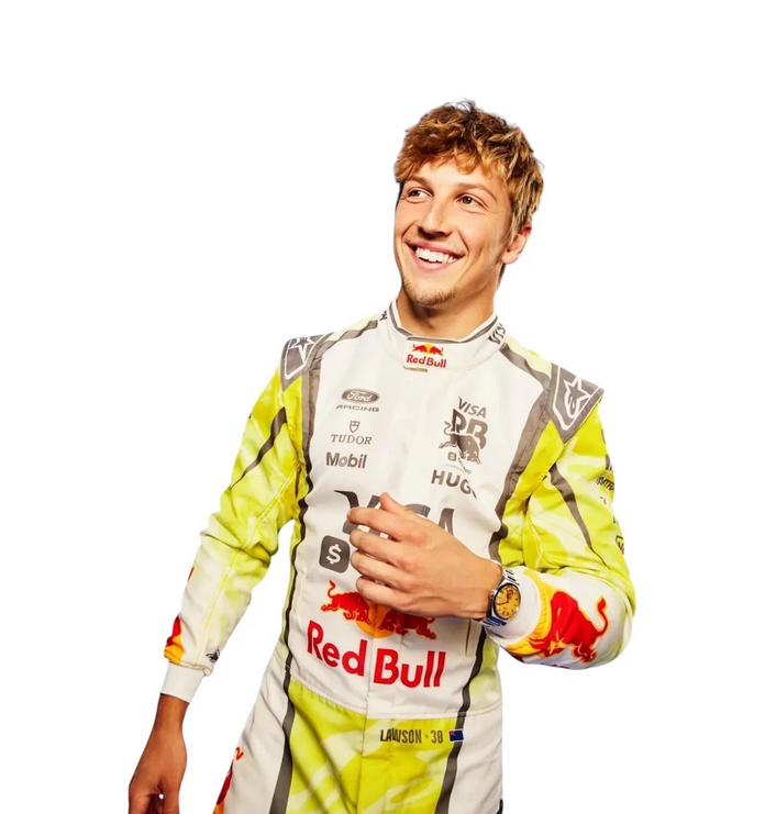 Model wearing a yellow, white and grey vintage-inspired replica racing suit