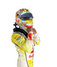 Side view of a model wearing a yellow and white vintage-inspired replica racing suit and helmet