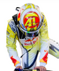 Overhead view of a yellow and white vintage-inspired replica racing suit