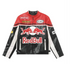 Front view of a red, black and white vintage-inspired motorsport jacket