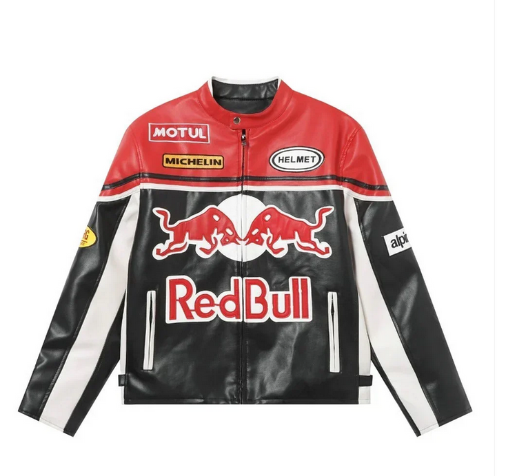 Front view of a red, black and white vintage-inspired motorsport jacket