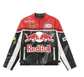 Front view of a red, black and white vintage-inspired motorsport jacket