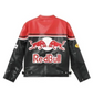 Back view of a red and black vintage-inspired motorsport jacket