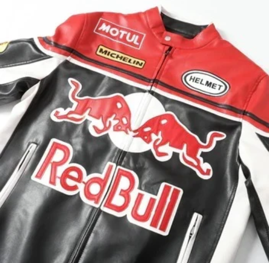 Close-up of a red, black and white vintage-inspired motorsport jacket