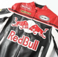 Close-up of a red, black and white vintage-inspired motorsport jacket