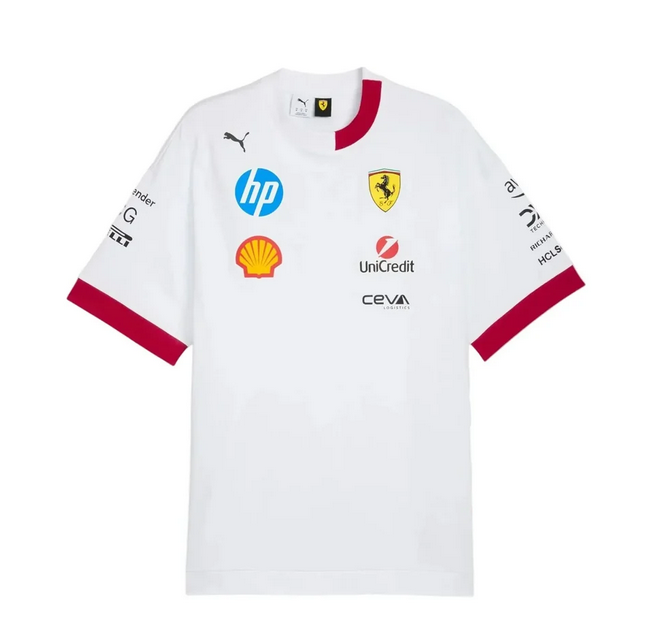 Front view of a white Miami-inspired motorsport shirt with red trim