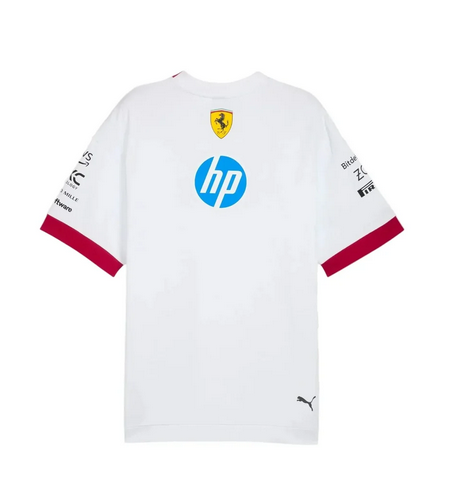Back view of a white motorsport shirt with red sleeve cuffs