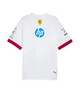Back view of a white motorsport shirt with red sleeve cuffs