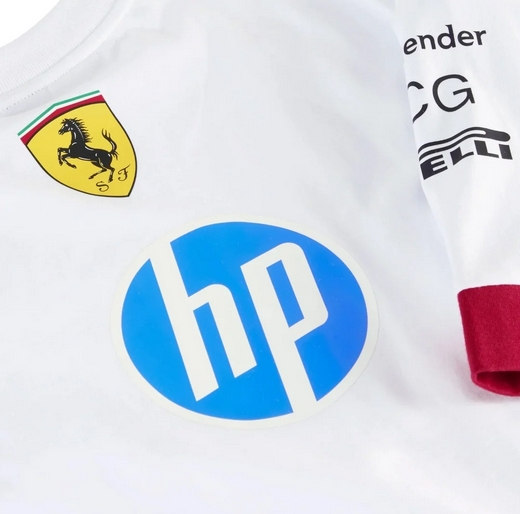Close-up of graphics on a white Miami-inspired motorsport shirt